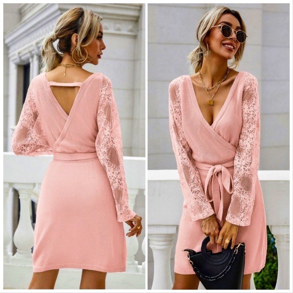 NWT! SURPLICE NECK CONTRAST LACE BELTED SWEATER DRESS IN BABY PINK!